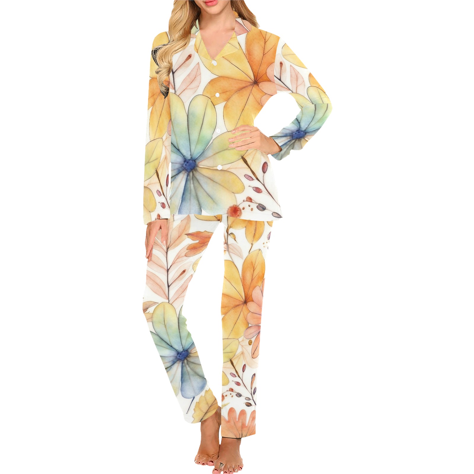 Watercolor Floral 2 Women's Long Pajama Set