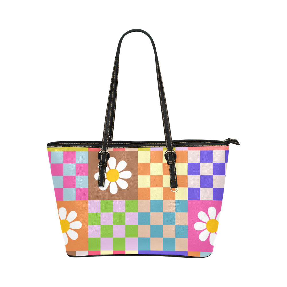 Mid Century Geometric Checkered Retro Floral Daisy Flower Pattern Leather Tote Bag/Large (Model 1651)