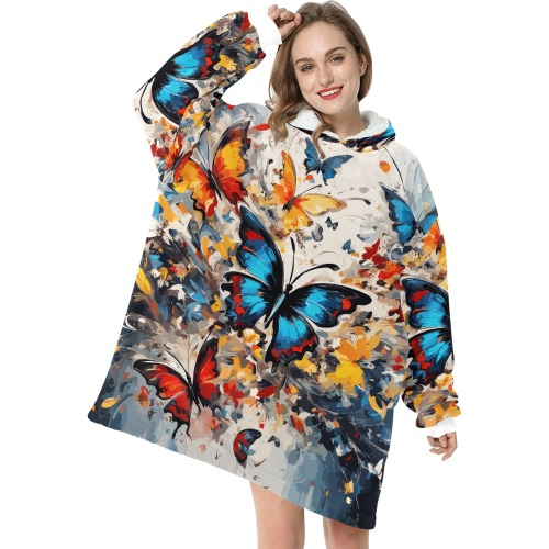 Fantastic blue, red, yellow butterflies art Blanket Hoodie for Women