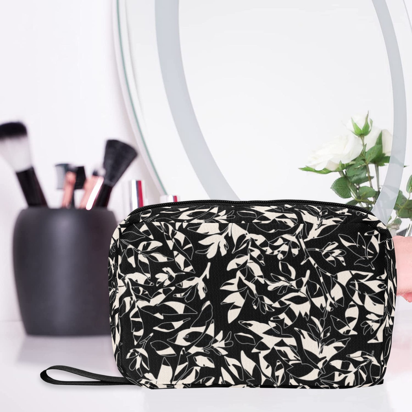 Abstract black white nature DP Toiletry Bag with Hanging Hook (Model 1728)