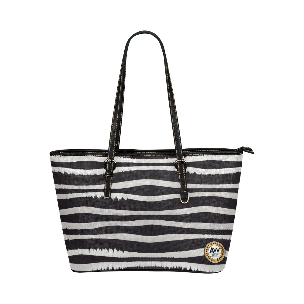 black and white zebra print Leather Tote Bag/Large (Model 1651)