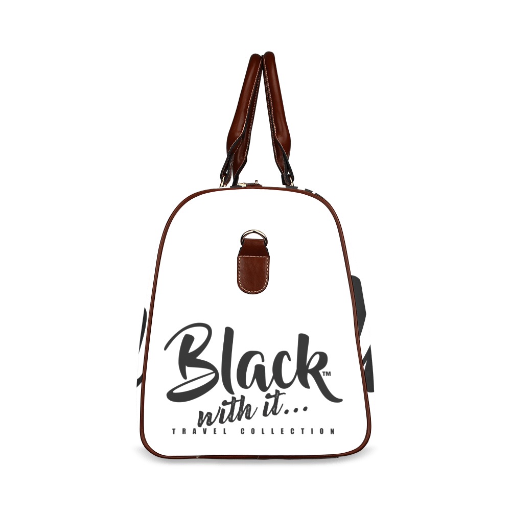 BWi Travel Bag: White w/Black Font (Brown Leather Straps) Waterproof Travel Bag/Large (Model 1639)
