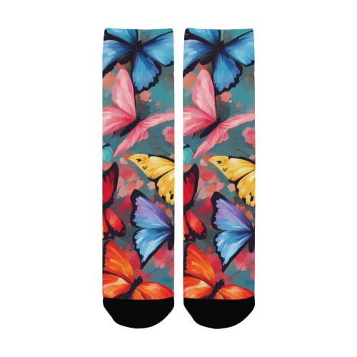 Pattern of red, yellow, blue, pink butterflies Custom Socks for Women