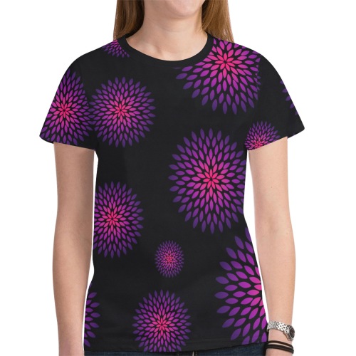 Ô Pink and Violet Zinnias on Black New All Over Print T-shirt for Women (Model T45)