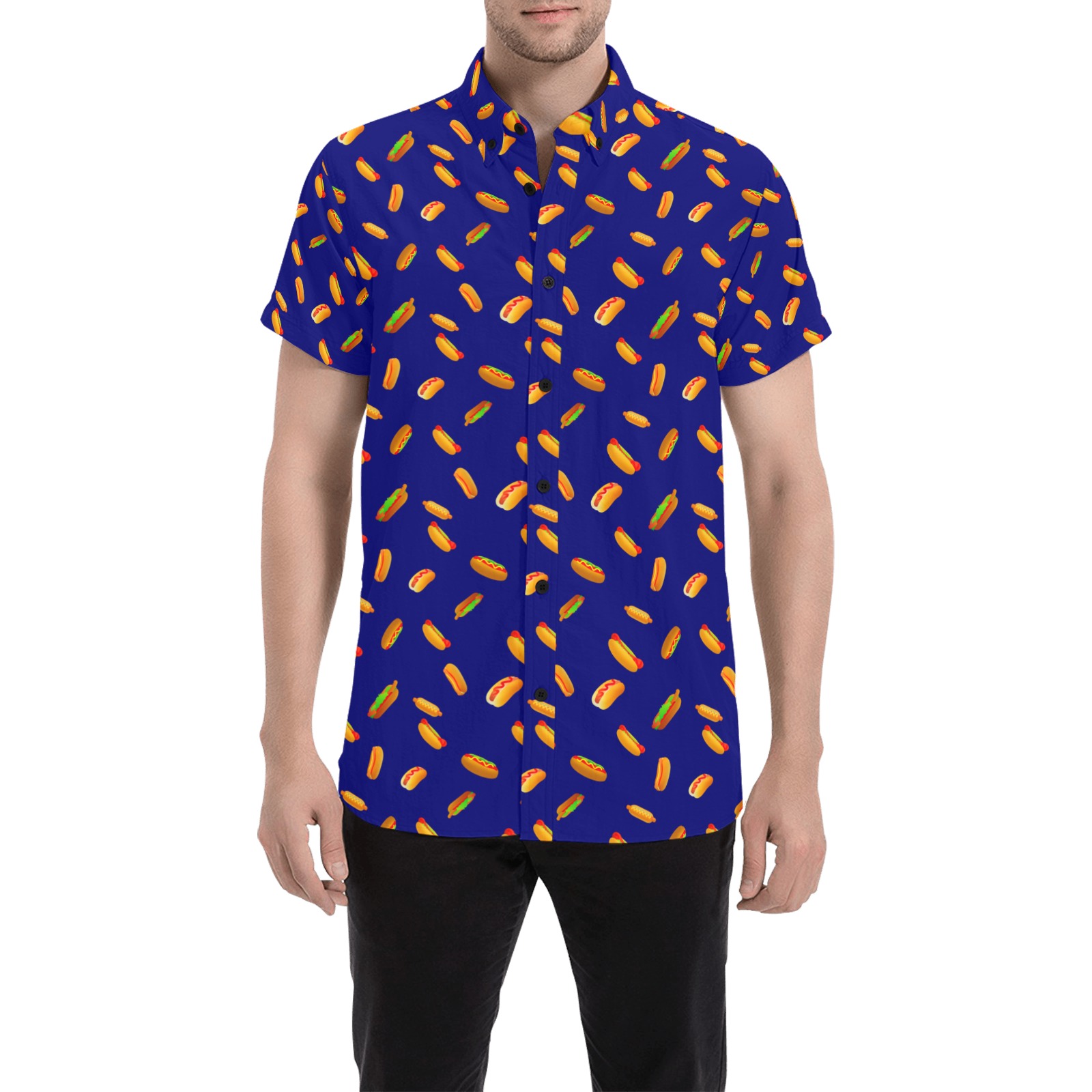Hot Dog Pattern on Blue Men's All Over Print Short Sleeve Shirt (Model T53)