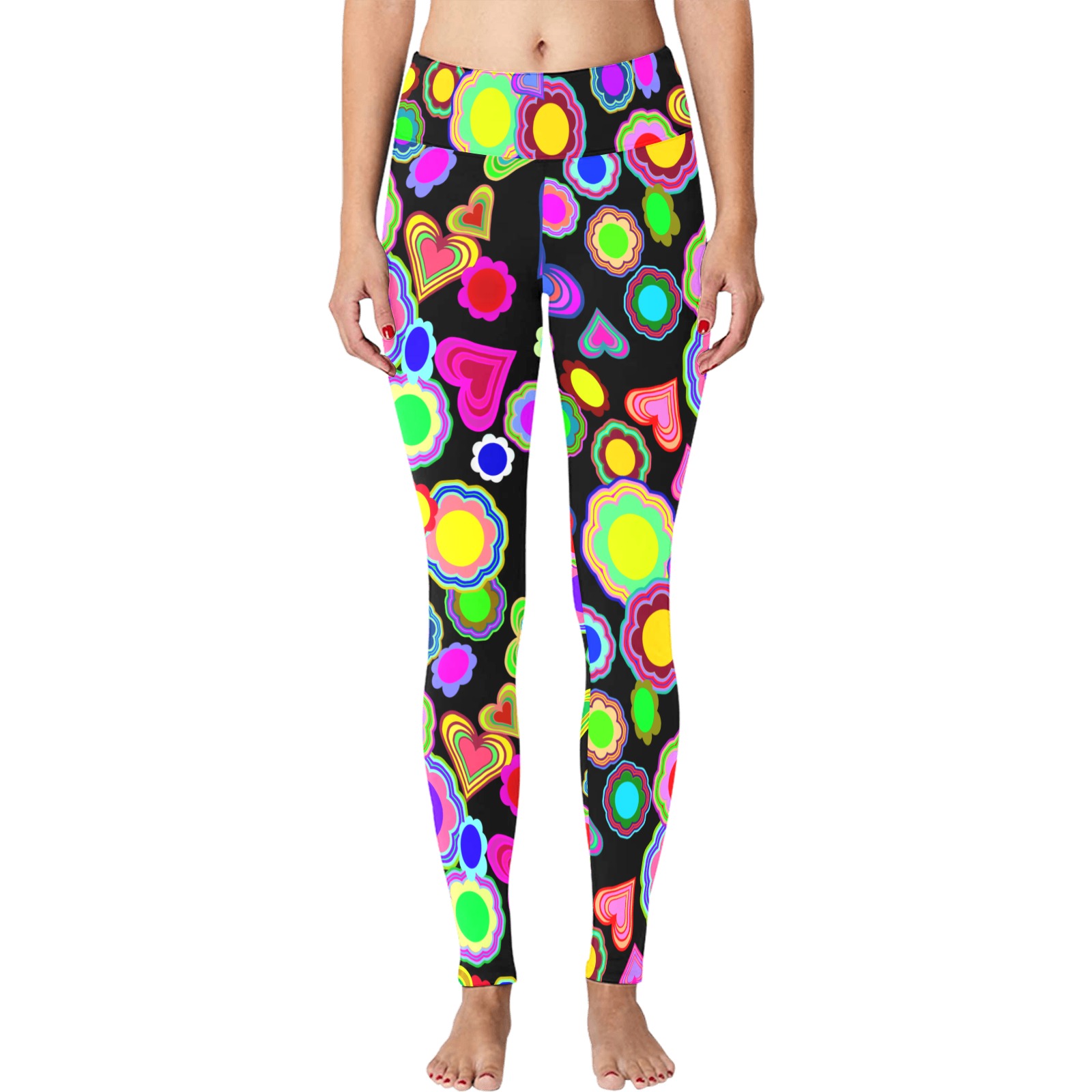 Groovy Hearts and Flowers Black Women's Big Size Workout Leggings (Model L43)