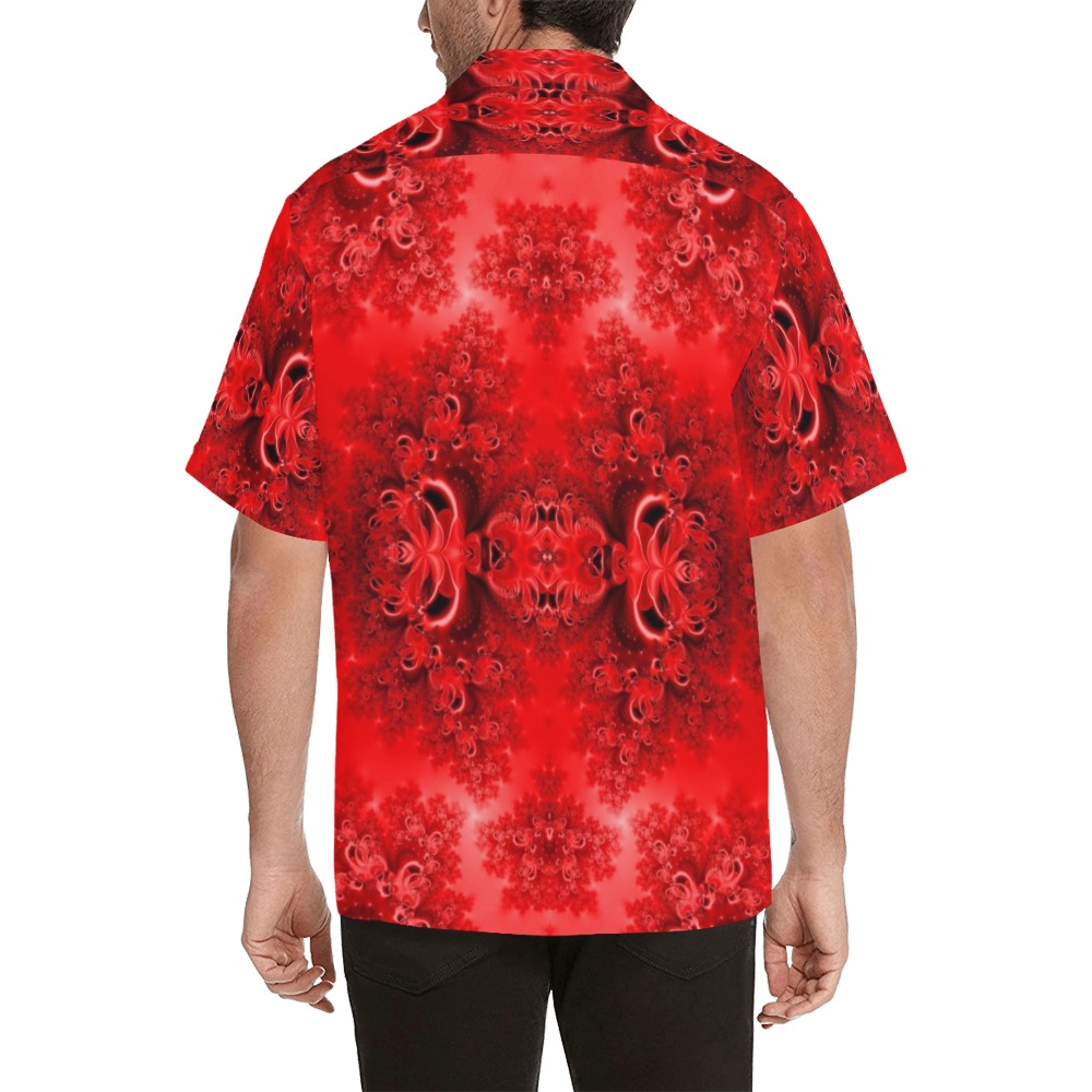 Fiery Red Rose Garden Frost Fractal Hawaiian Shirt with Merged Design (Model T58)