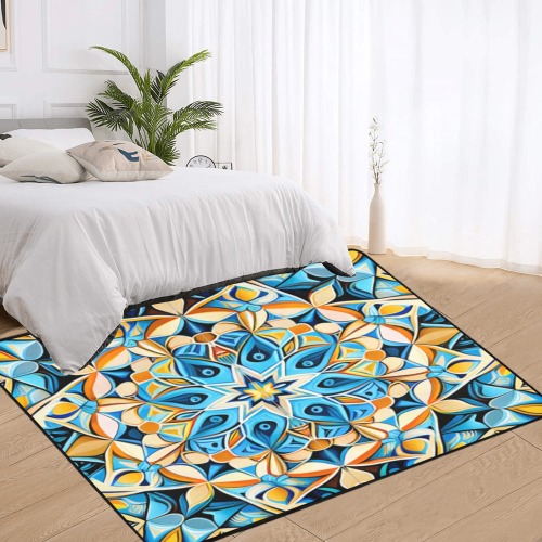 intricate geometric pattern, sky blue and yellow Area Rug with Black Binding 7'x5'