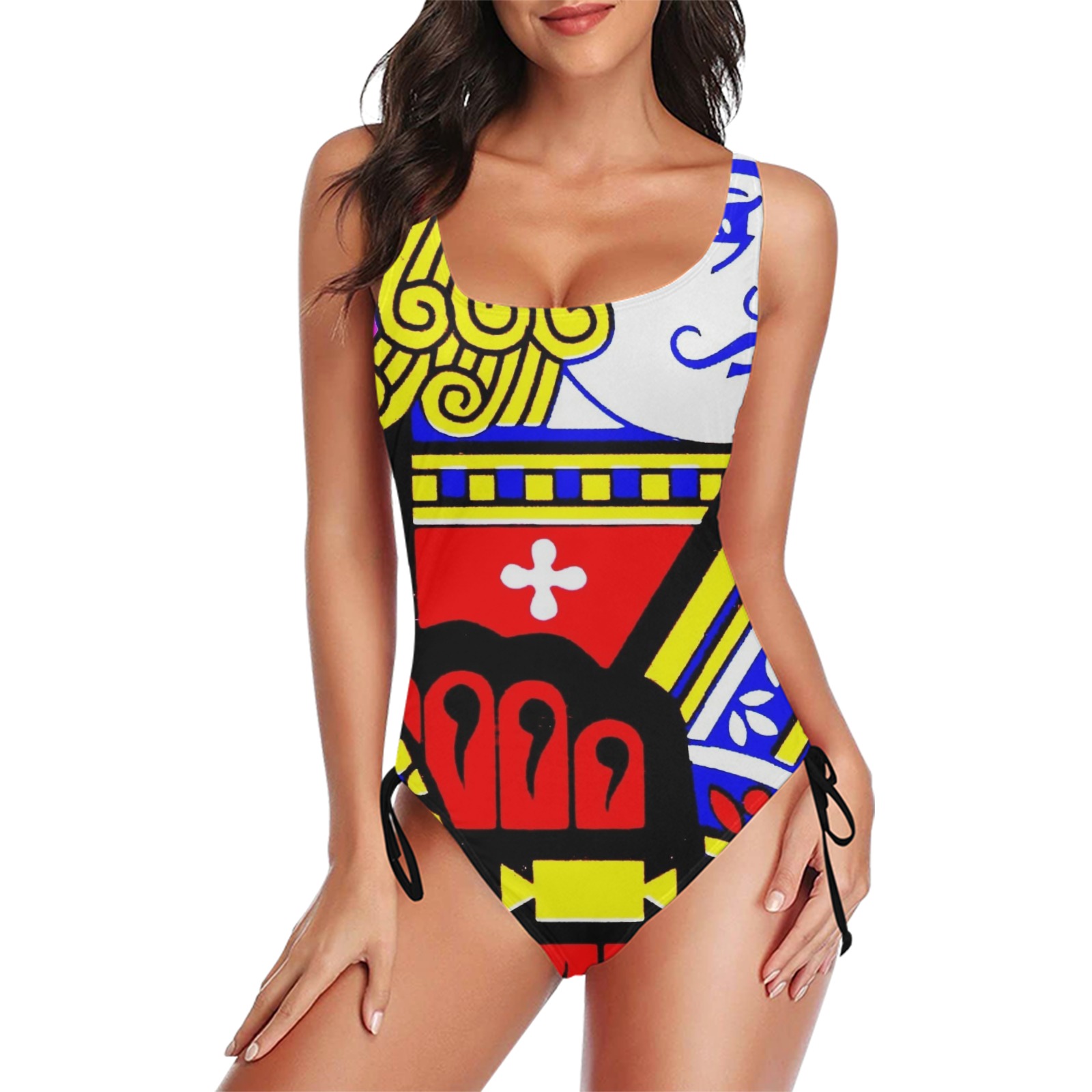 JACK OF SPADES (POPART COLOURS) Drawstring Side One-Piece Swimsuit (Model S14)