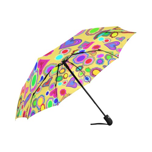 Groovy Hearts and Flowers Yellow Auto-Foldable Umbrella (Model U04)