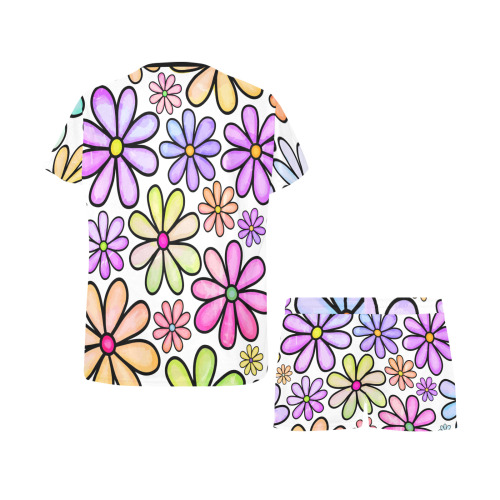 Watercolor Rainbow Doodle Daisy Flower Pattern Women's Short Pajama Set