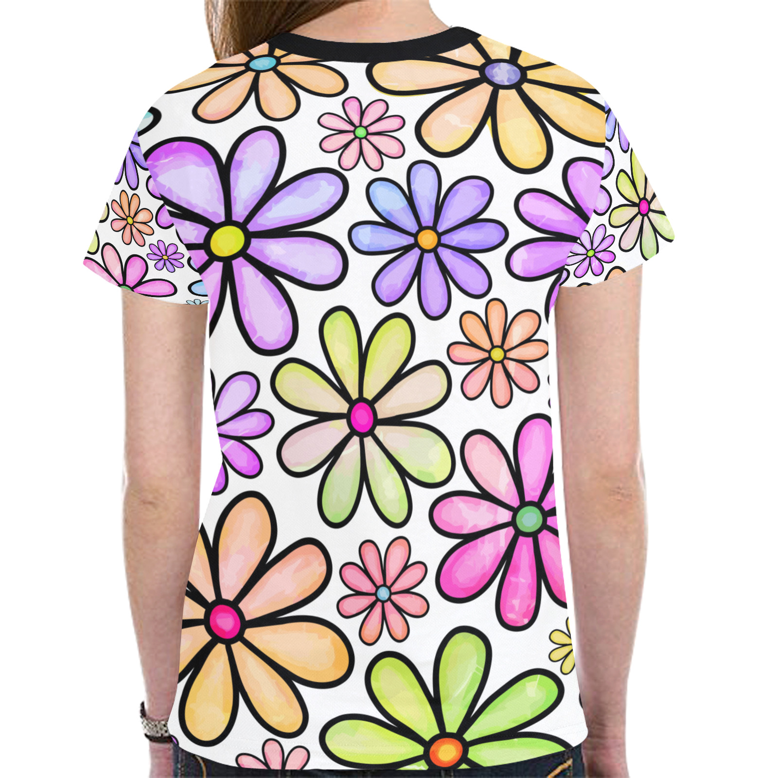Watercolor Rainbow Doodle Daisy Flower Pattern New All Over Print T-shirt for Women (Model T45)