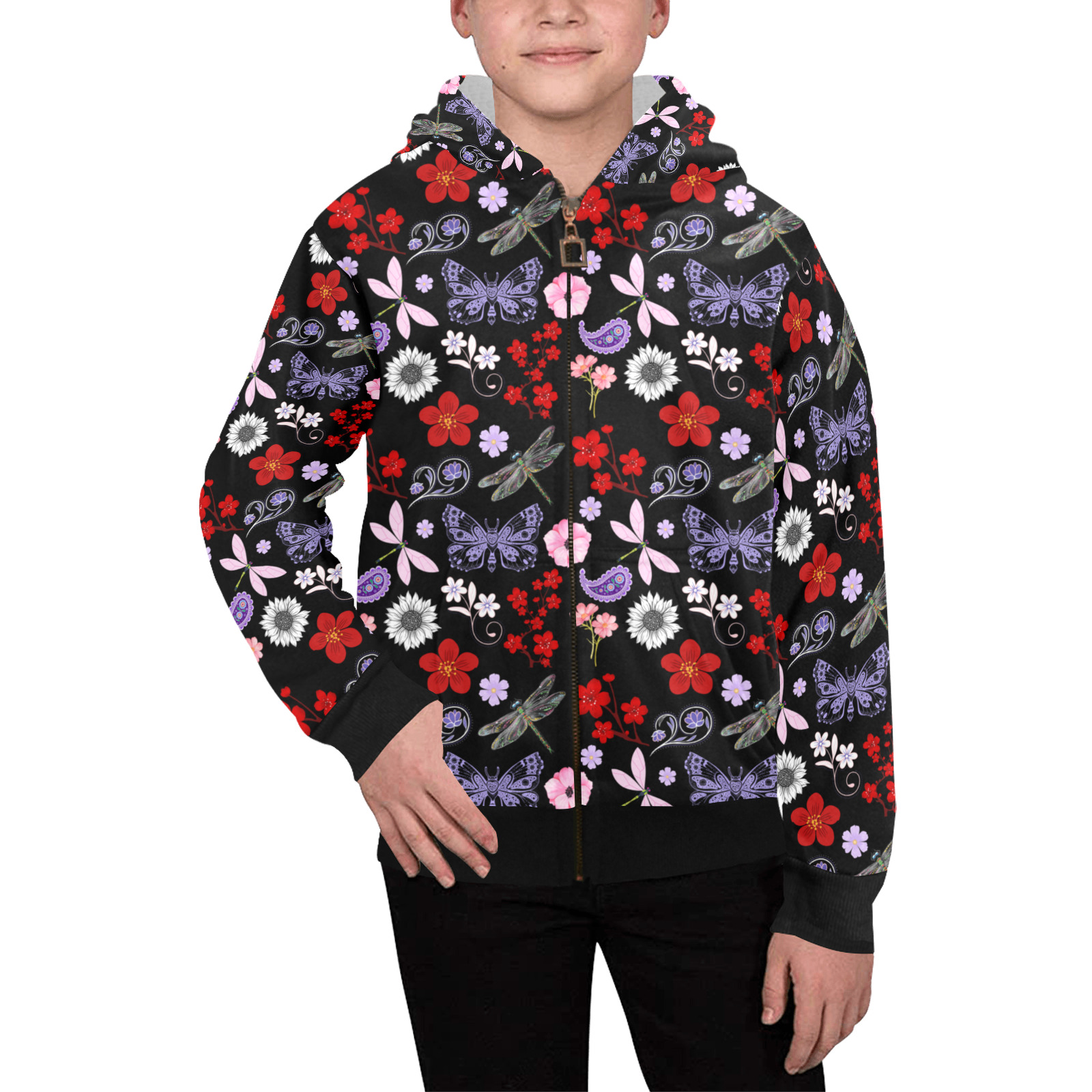 Black, Red, Pink, Purple, Dragonflies, Butterfly and Flowers Design Kids' All Over Print Full Zip Hoodie (Model H39)