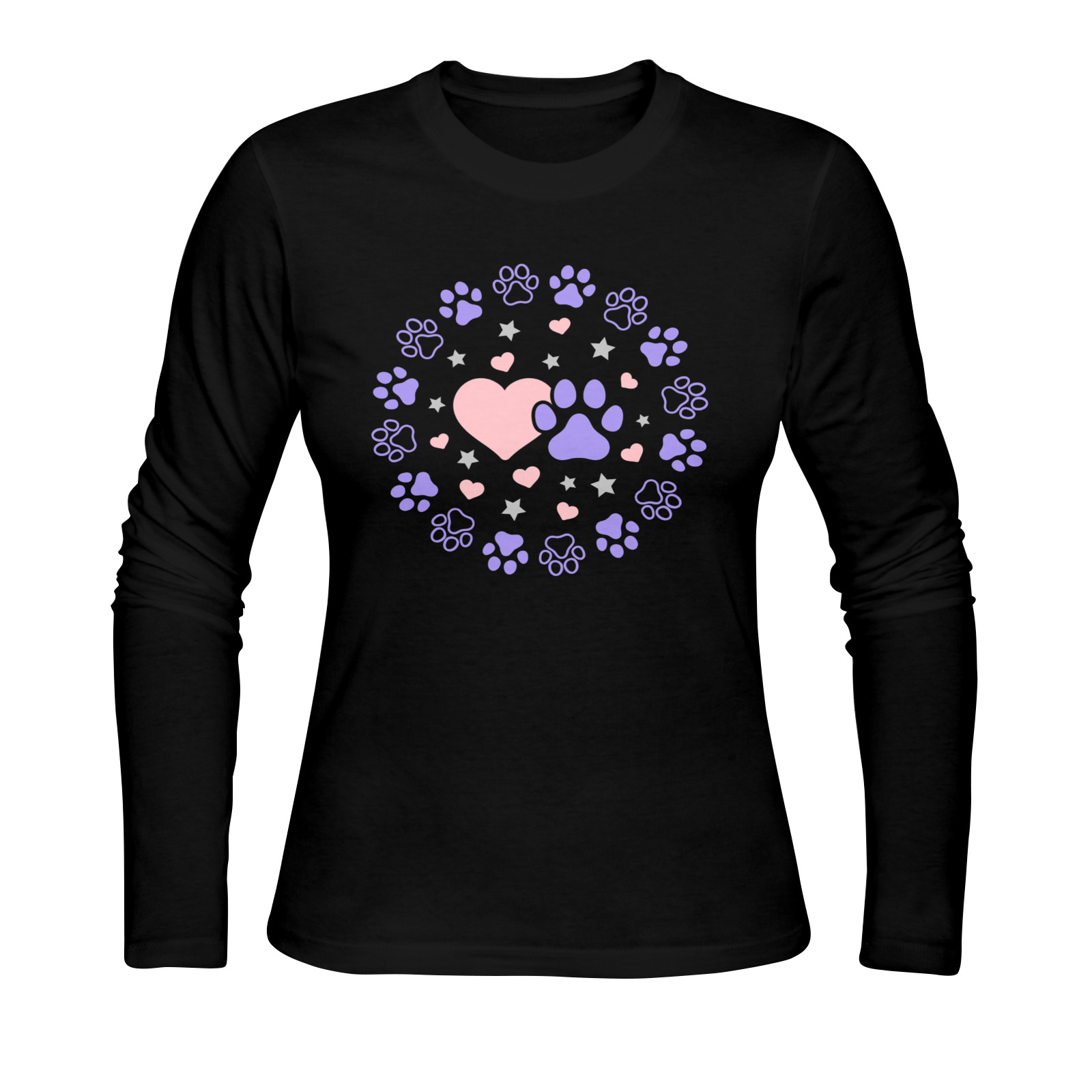 Pink and Purple Dog Cat Pet Lovers Hearts and Stars Paw Print Design Sunny Women's T-shirt (long-sleeve) (Model T07)
