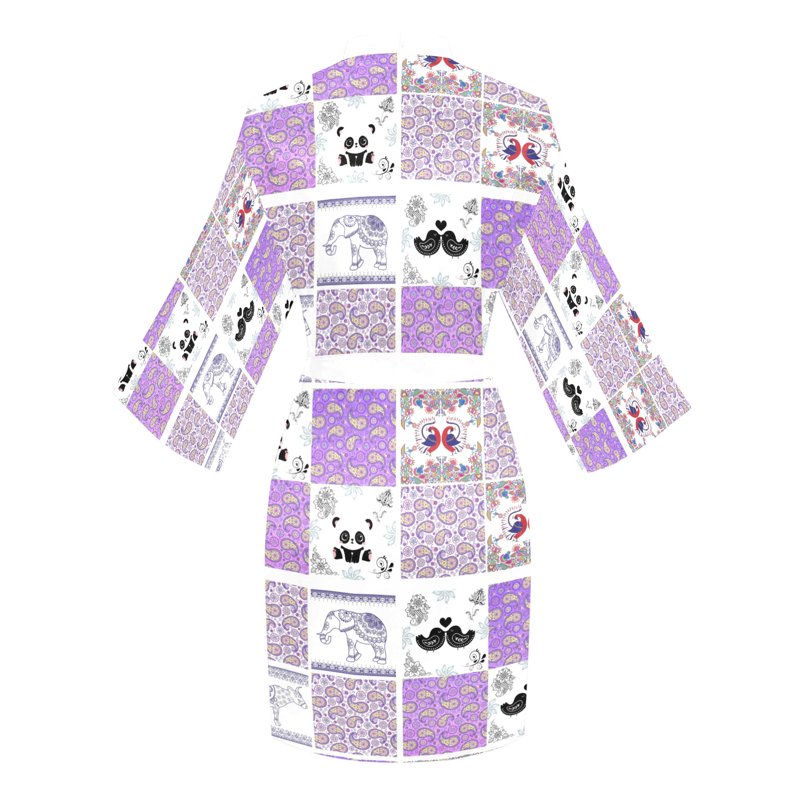 Purple Paisley Birds and Animals Patchwork Design Long Sleeve Kimono Robe