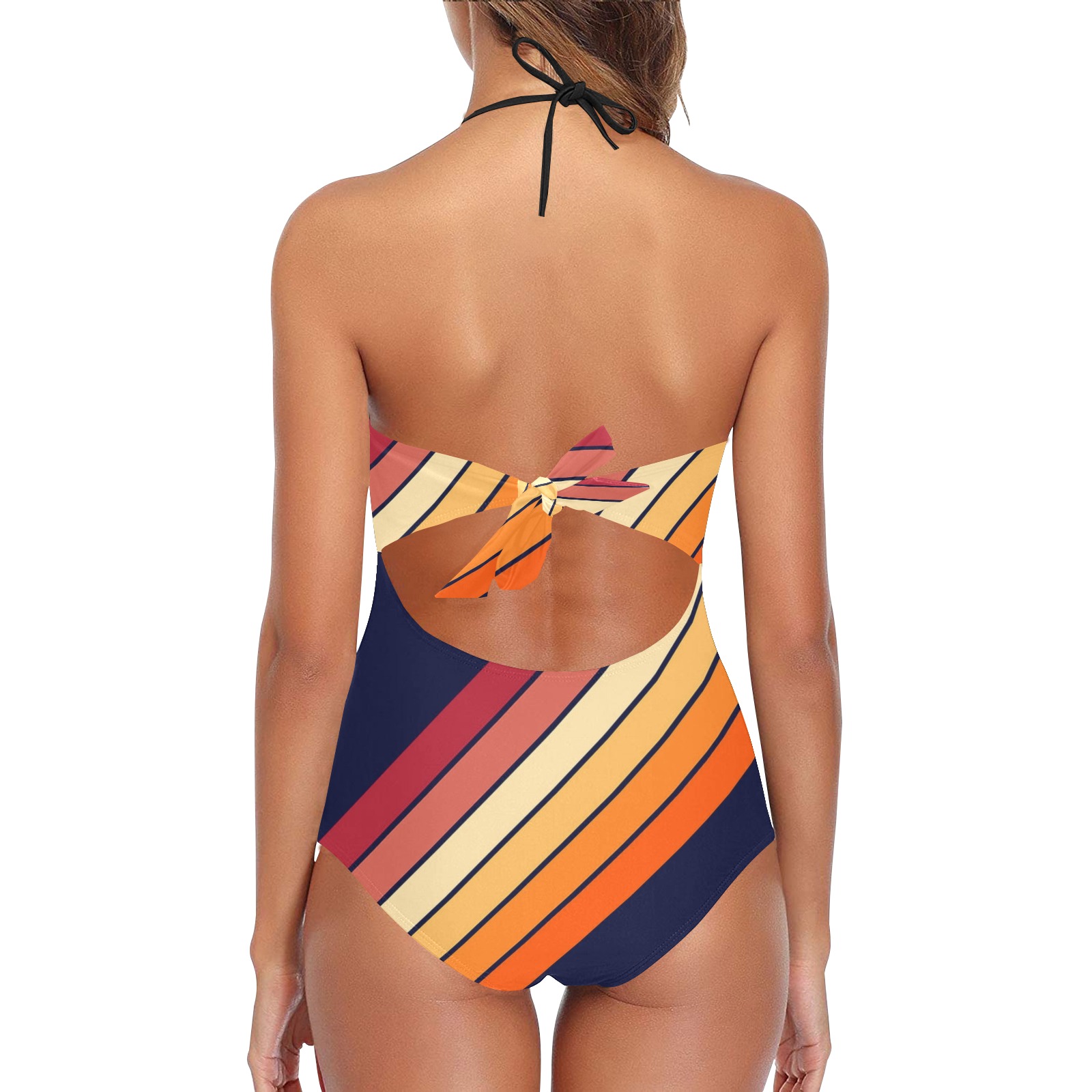 Navy Retro Stripe Lace Band Embossing Swimsuit (Model S15)