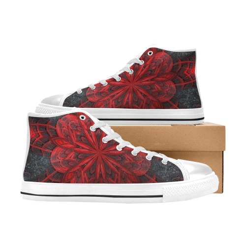 Red Flower on the Black Lava Fractal Kaleidoscope Mandala Abstract Men’s Classic High Top Canvas Shoes (Model 017)