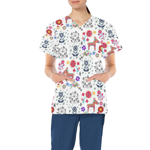 Alpaca Pinata With Blue House and Flowers Pattern All Over Print Scrub Top