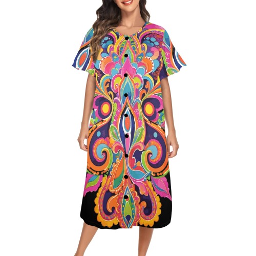 Abstract Retro Hippie Paisley Floral Women's Button Front House Dress