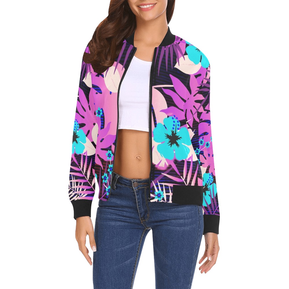 GROOVY FUNK THING FLORAL PURPLE All Over Print Bomber Jacket for Women (Model H19)