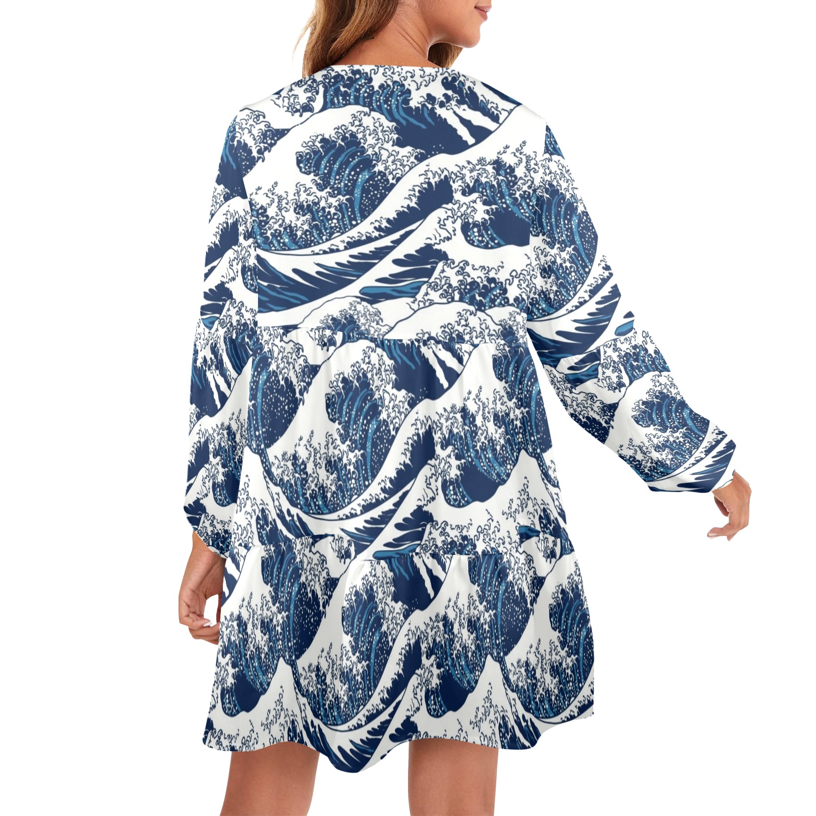 ocean waves V-Neck Loose Fit Dress (Model D66)