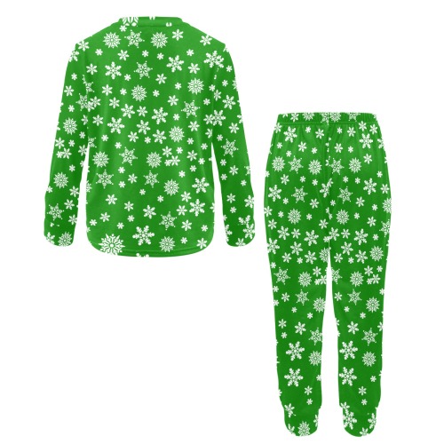 Christmas White Snowflakes on Green Little Boys' Crew Neck Long Pajama Set