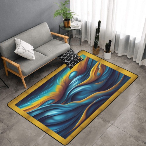 abstract water with yellow trim Area Rug with Black Binding 7'x5'