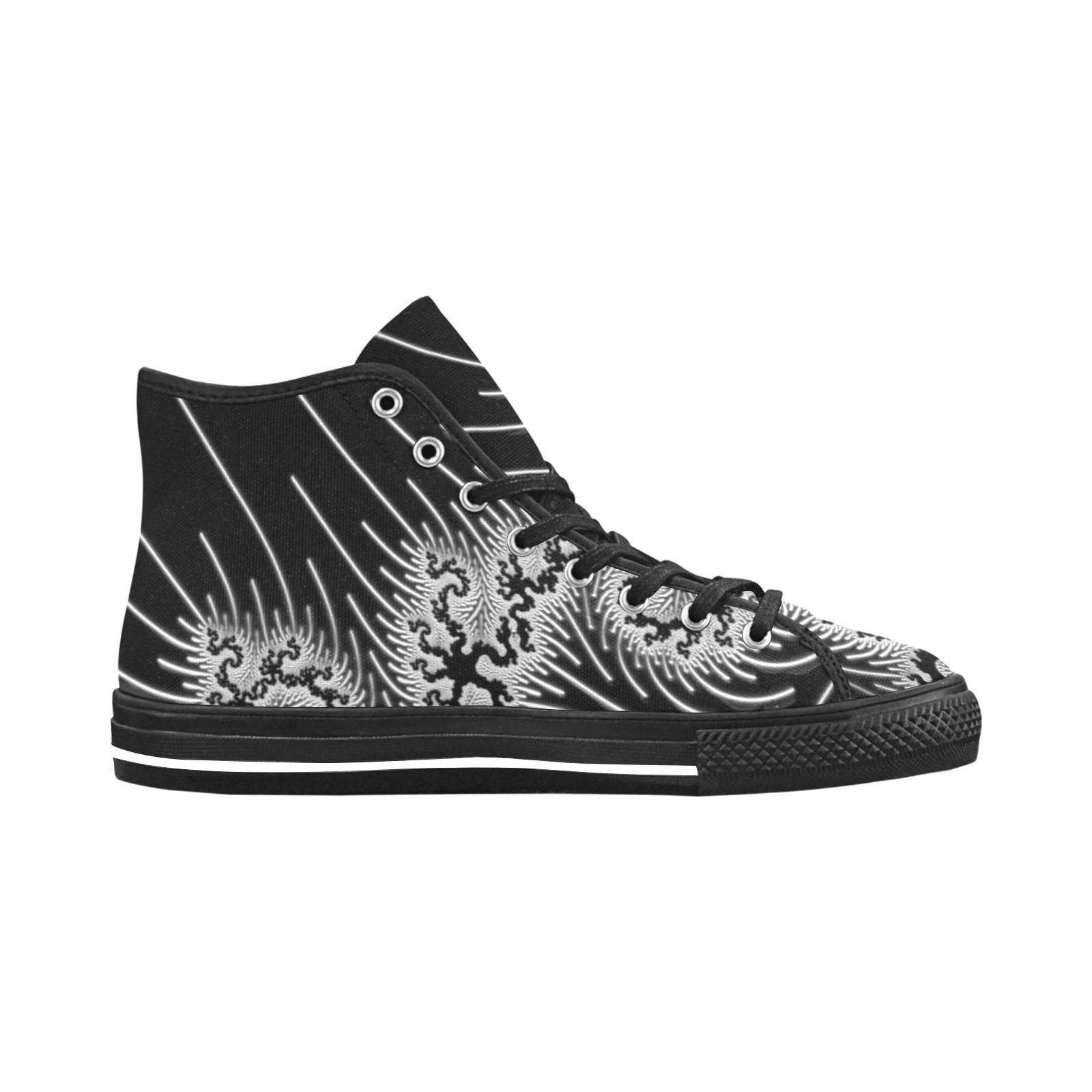 White and Silver Lace on Black Fractal Abstract Vancouver H Men's Canvas Shoes (1013-1)