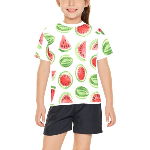 Watercolor watermelon pattern shirt Big Girls' All Over Print Crew Neck T-Shirt (Model T40-2)