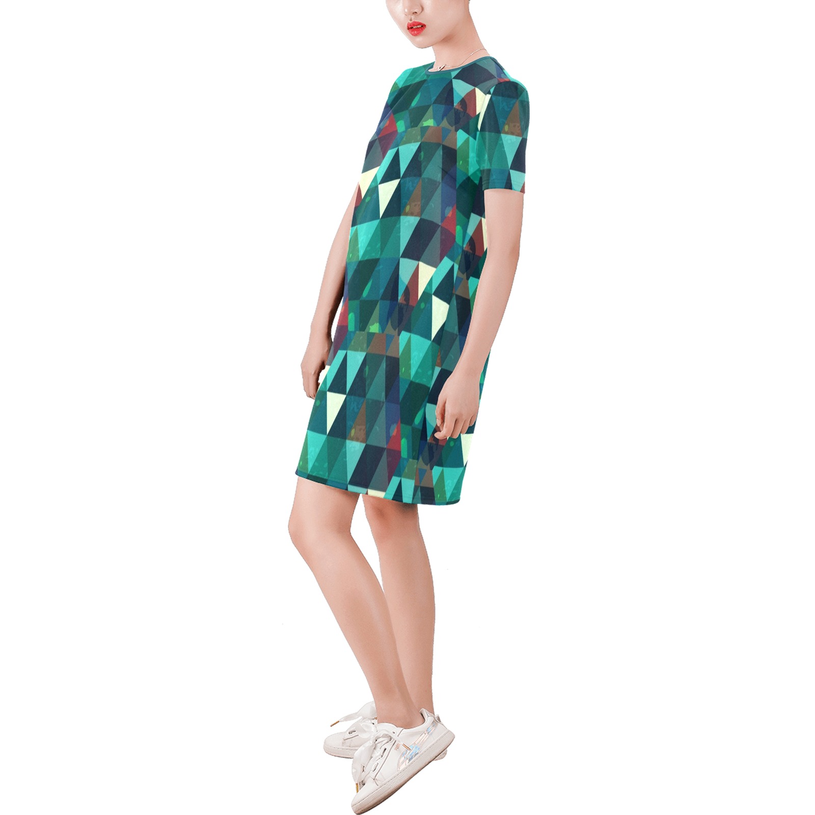 Trendy Colorful Triangles Short-Sleeve Round Neck A-Line Dress (Model D47)