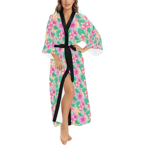 Tropical Hibiscus And Fruit Pattern Long Kimono Robe