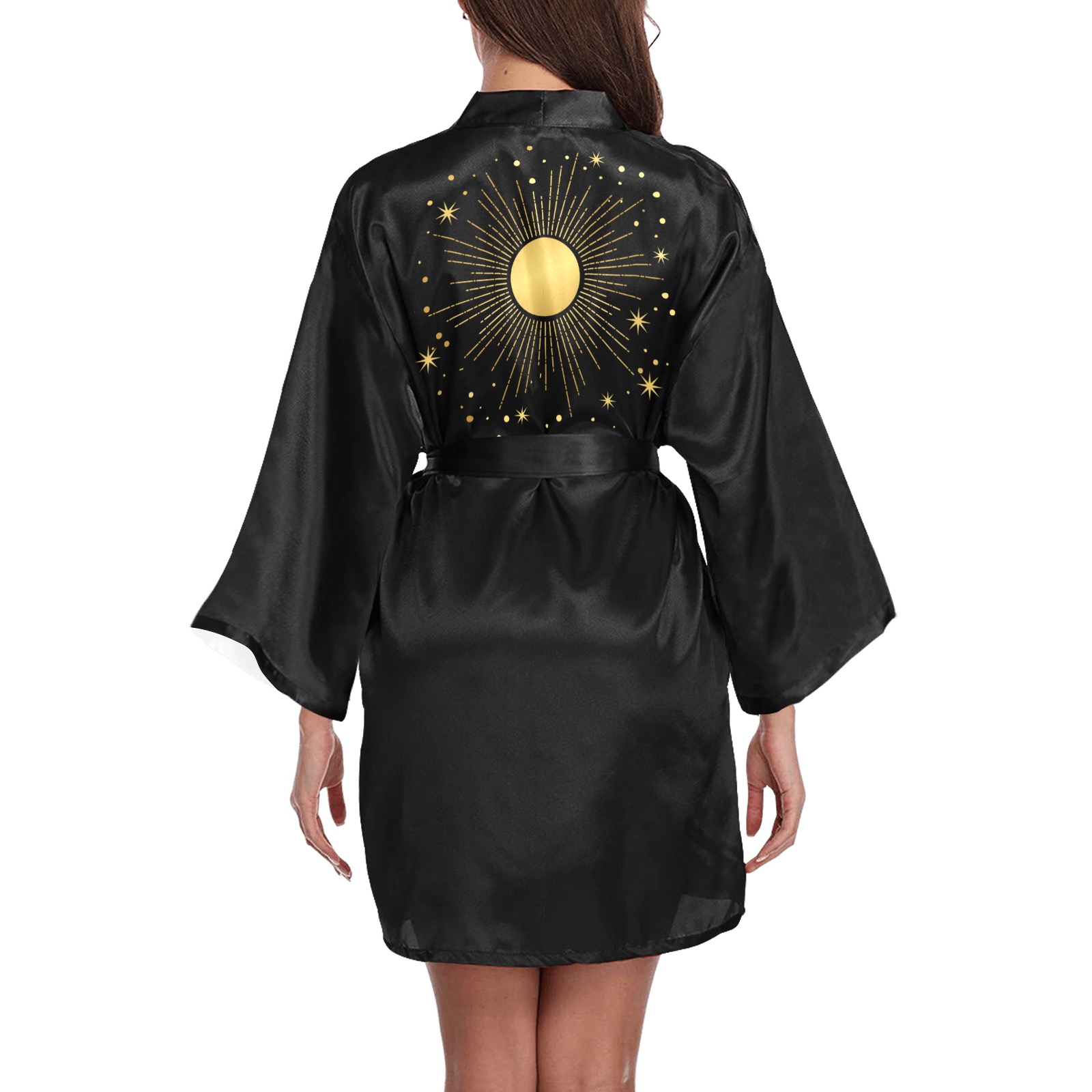 Black Kimono with Golden Sun, Moon and Stars Long Sleeve Kimono Robe