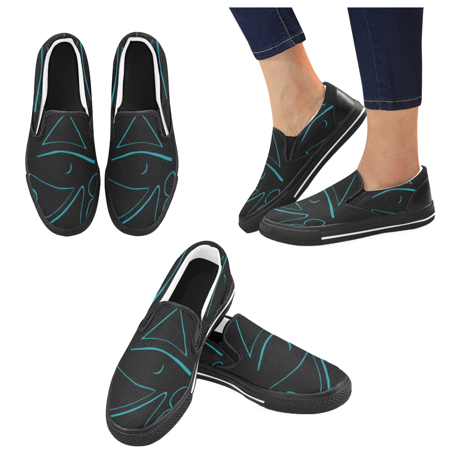 Eye of Horus Cyber Blue on Black Women's Unusual Slip-on Canvas Shoes (Model 019)