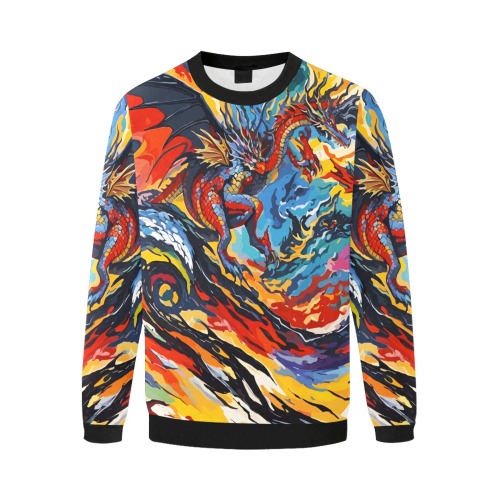 Cool fantasy dragon and waves of fire colorful art Men's Oversized Fleece Crew Sweatshirt (Model H18)