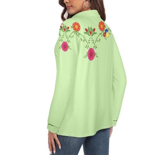Flowers on the Vine Row / Green Women's Long Sleeve Polo Shirt (Model T73)