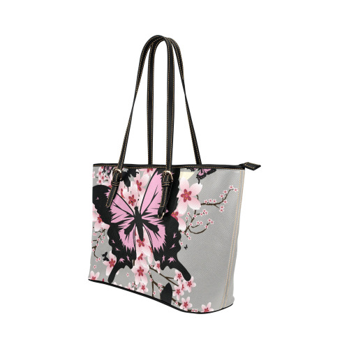 Cherry Blossom Butterflies Leather Tote Bag/Small (Model 1651)