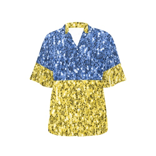 Blue yellow Ukraine flag glitter faux sparkles All Over Print Hawaiian Shirt for Women (Model T58)