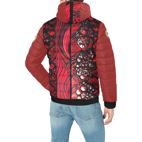 red and black intricate pattern 1 Men's Padded Hooded Jacket (Model H42)