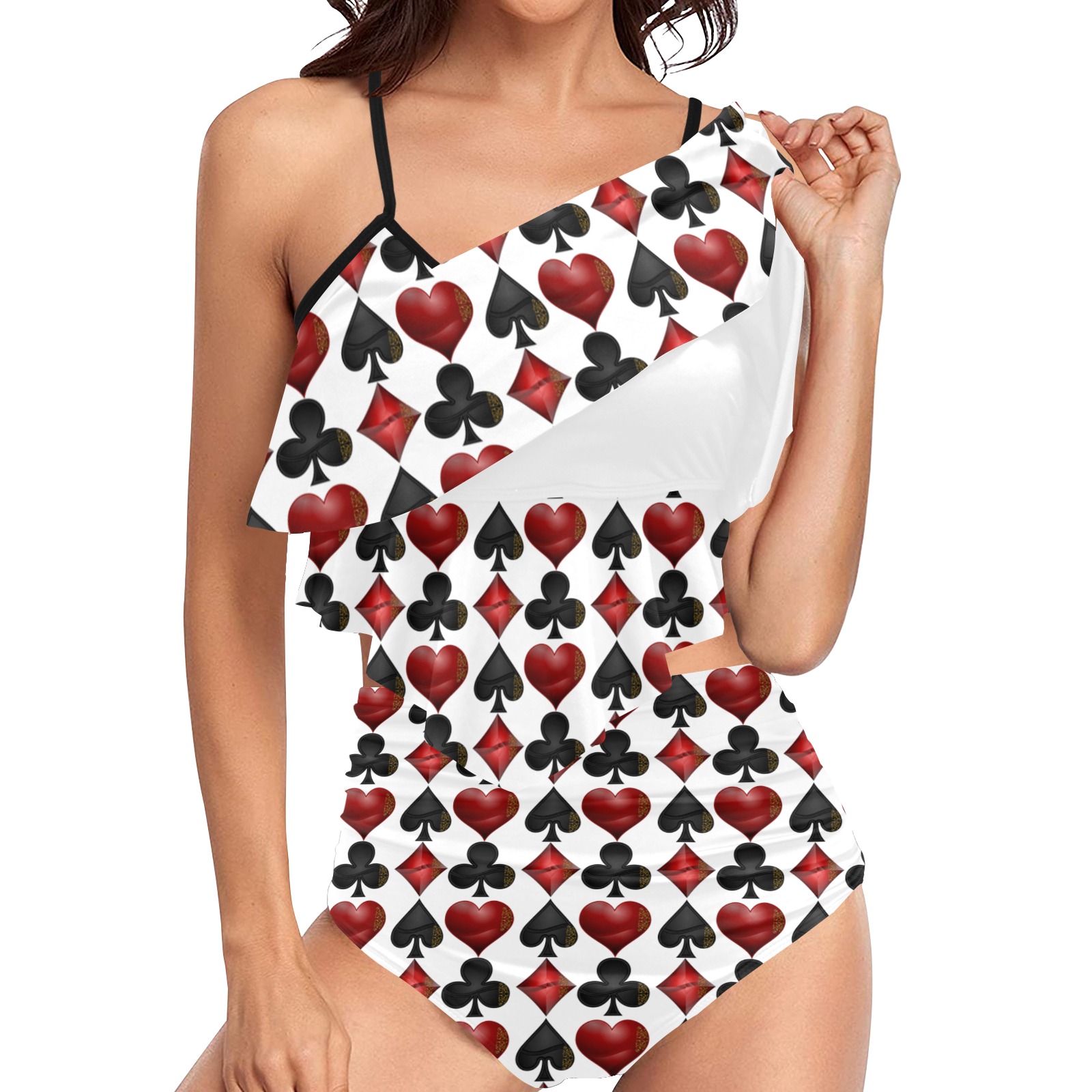 Las Vegas Black and Red Card Shapes White High Waisted Double Ruffle Bikini Set (Model S34)