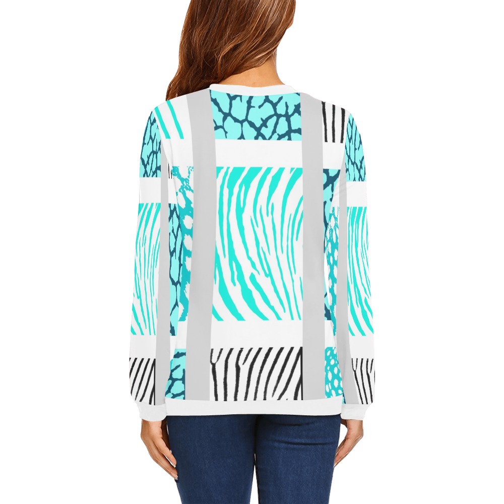 White and Teal Mixed Animal Print All Over Print Crewneck Sweatshirt for Women (Model H18)