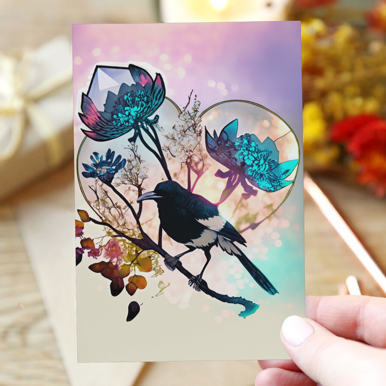 outline of flowers with a magpie on branch and outline of large clear crystal 2 Greeting Card 4"x6"