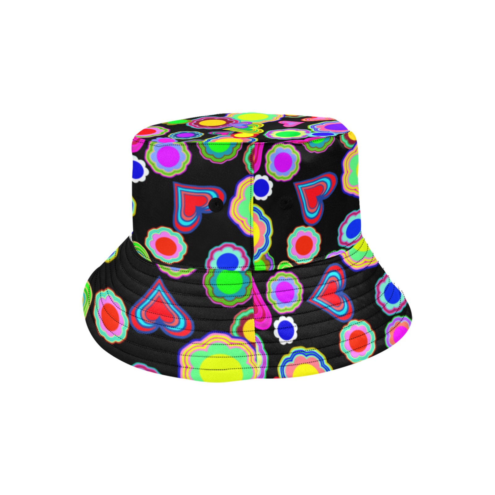 Groovy Hearts and Flowers Black Unisex Summer Bucket Hat