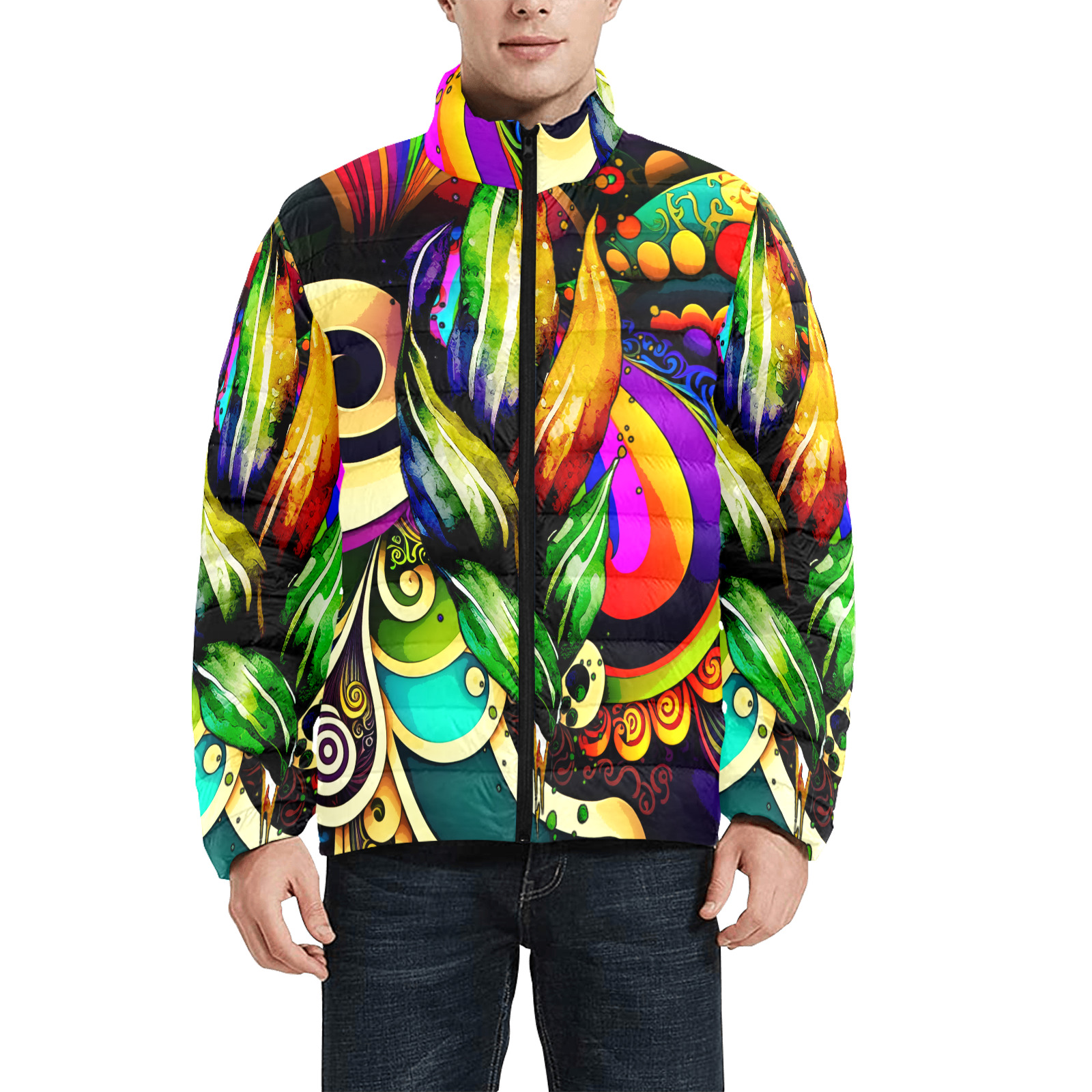Mardi Gras Colorful New Orleans Men's Stand Collar Padded Jacket (Model H41)