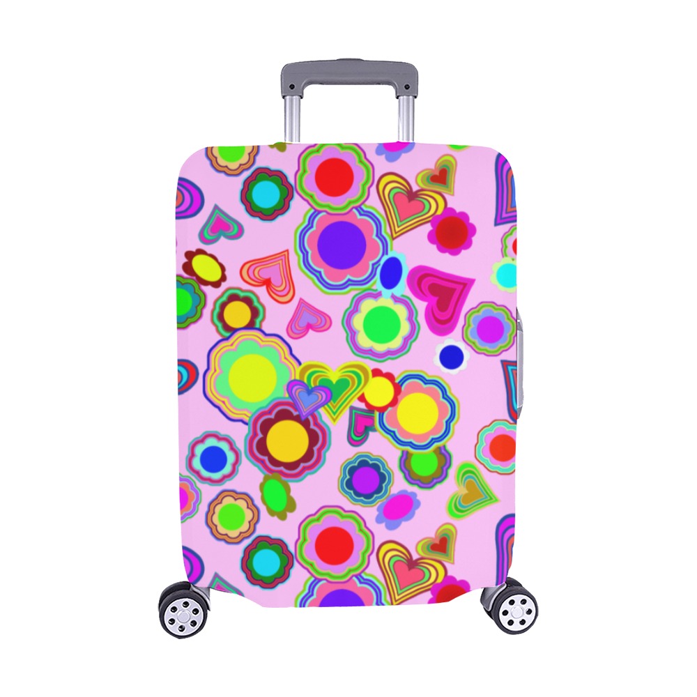 Groovy Hearts and Flowers Pink Luggage Cover/Medium 22"-25"