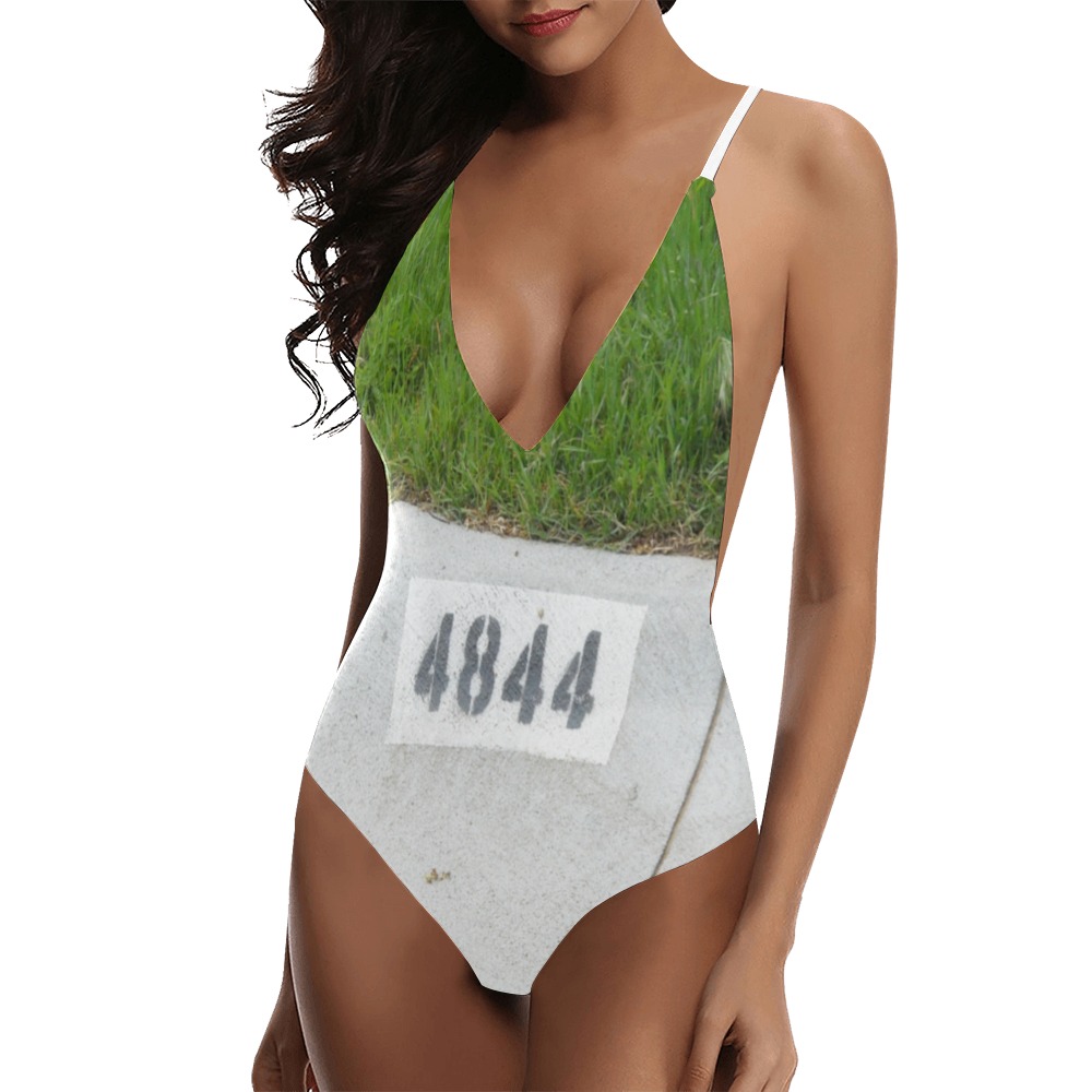 Street Number 4844 with white straps Sexy Lacing Backless One-Piece Swimsuit (Model S10)
