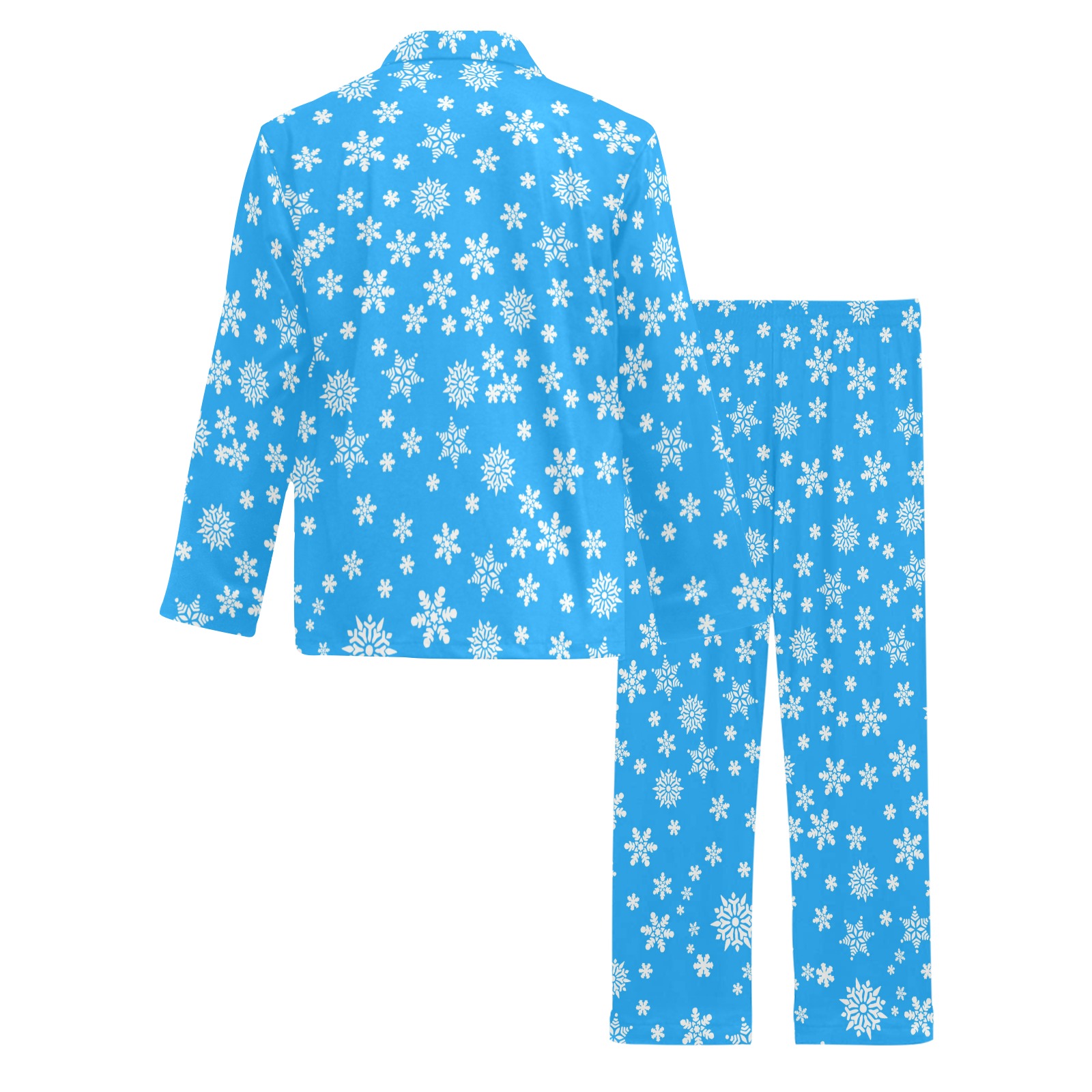 Christmas White Snowflakes on Light Blue Men's V-Neck Long Pajama Set