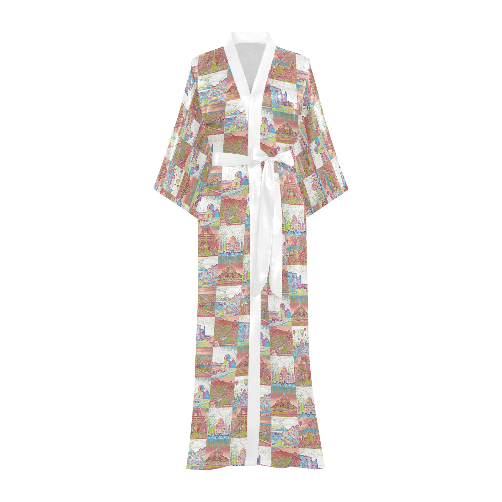Big Pink and White World Travel Collage Pattern Long Kimono Robe