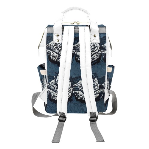 white flower repeating pattern Multi-Function Diaper Backpack/Diaper Bag (Model 1688)