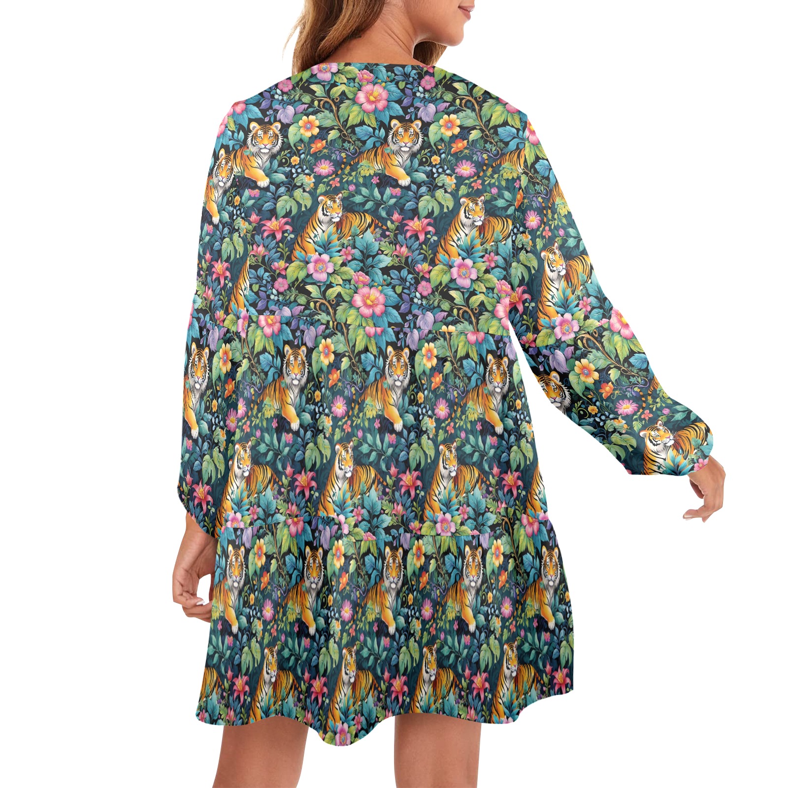 Jungle Tigers and Tropical Flowers Pattern V-Neck Loose Fit Dress (Model D66)
