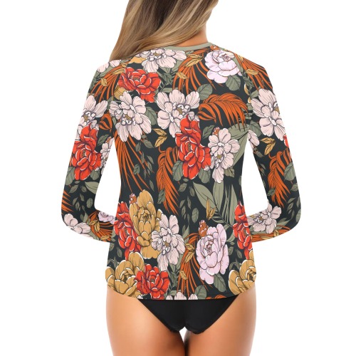 Dark garden exotic flowers 7SP Women's Long Sleeve Swim Shirt (Model S39)